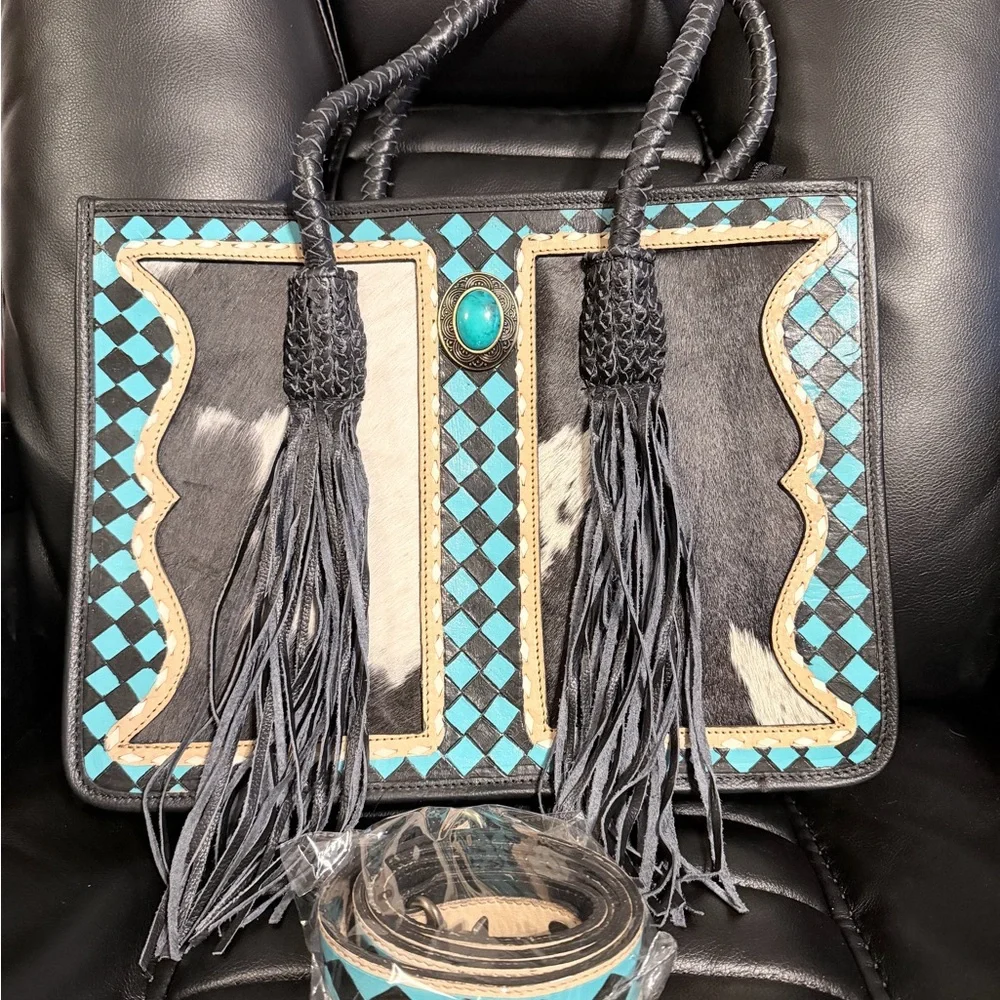 Western Luxe Cowhide Turquoise Fringe Purse
